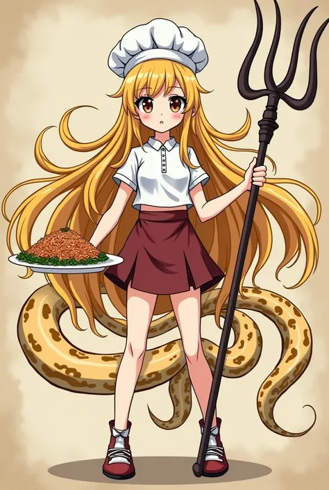 Create an anime girl illustration of a silly girl, Her hair is in the form of long golden snakes, He is wearing a chef&#39;s hat and is looking straight ahead., He is wearing a short polo shirt that reaches down to his navel., She carries in her right hand...