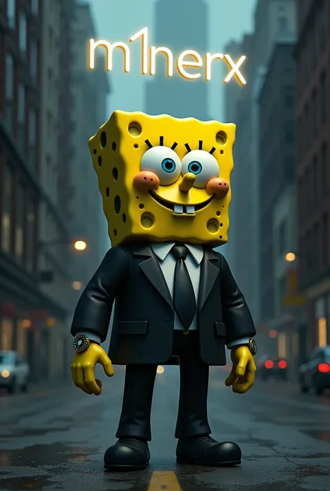 SpongeBob stands against the backdrop of a dark city, in a business suit, black jacket, white shirt, Black tie, gold watch with black dial on the background above translucent inscription M1nerX