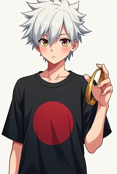 I want to create an anime 1 boy with white hair with black Naruto tshirt and a golden bracelet in his hand 