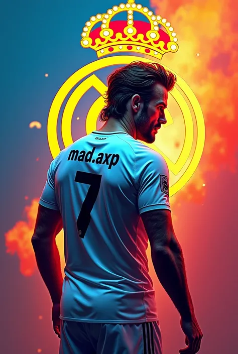 Make a david beckham from backside looking  with colourful background or realmadrid logo and write the name on the shirt (Mad.Axp) and shirt no 7