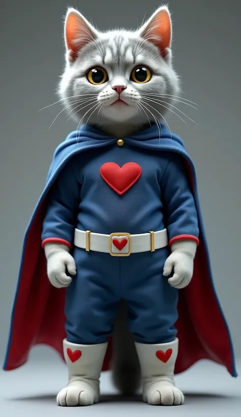 （A cute gray cat） wearing a ロールパンナ costume, standing up,Anpanman characters、Design a costume based on Rollpanna。The costume has a dark blue color scheme.、Recreate superhero costumes。Around the waist is a white belt with a square white buckle。The suit has l...