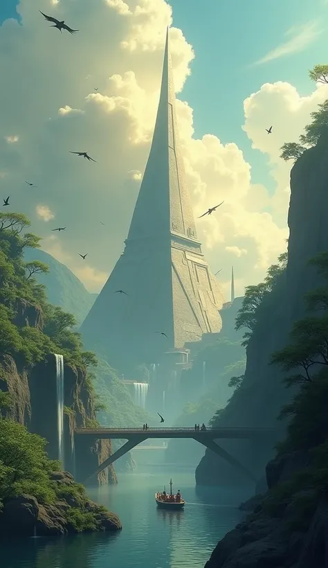 This captivating digital artwork presents a breathtaking, fantastical landscape that blends elements of nature, architecture, and the ethereal. The centerpiece of the scene is a towering, pyramid-like structure that rises majestically into the sky, its smo...