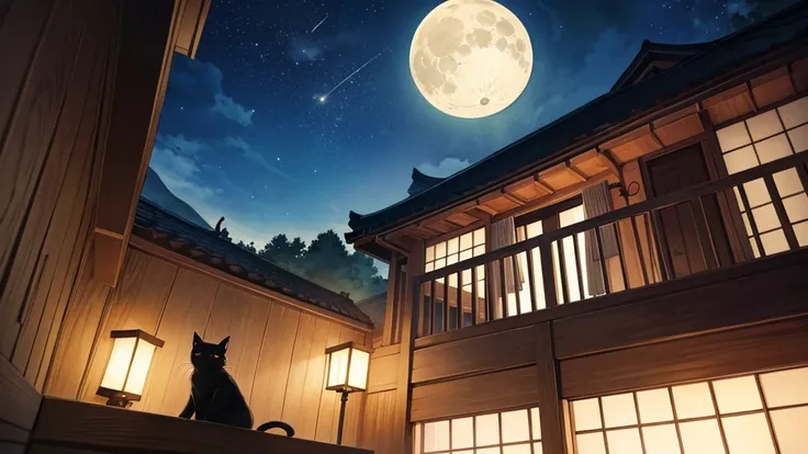 Sleeping black cat、Anime Style、Watercolor style、Japanese countryside、Balcony looking up at the moon、View from inside the room、Night Sky、Dim background