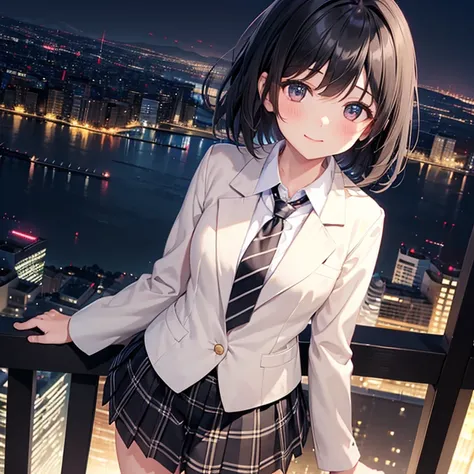 One girl、smile、Short black hair、A small white ribbon on her head、Small breasts、blazer、Normal necktie、black plaid mini skirt、Black Loafers、Standing with a forward lean、Looking up、Place your hands on your chest、(Angle from above)、Background overlooking the n...