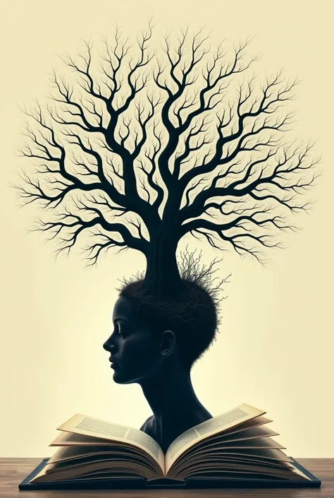 brain formed by branches inside a head silhouette and everything coming out of a book