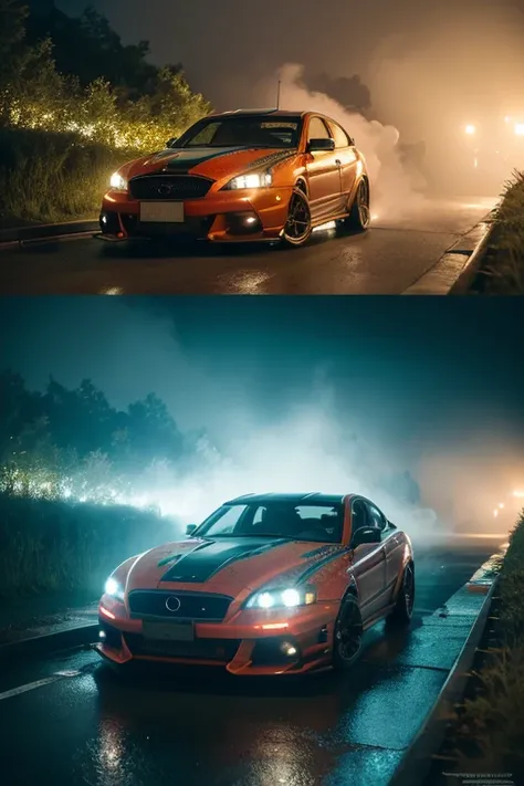 (Intricate details:1.2), (Realistic), (masterpiece), (photograph), Cinema Lighting，Cyberpunk forest，mountain， Soft colors，Swirling colored smoke，Legend，Cityscape，space，，car，No humans，scenery，alone, At night, Front Quarter, Liberty Walk Widebody, Widebody I...