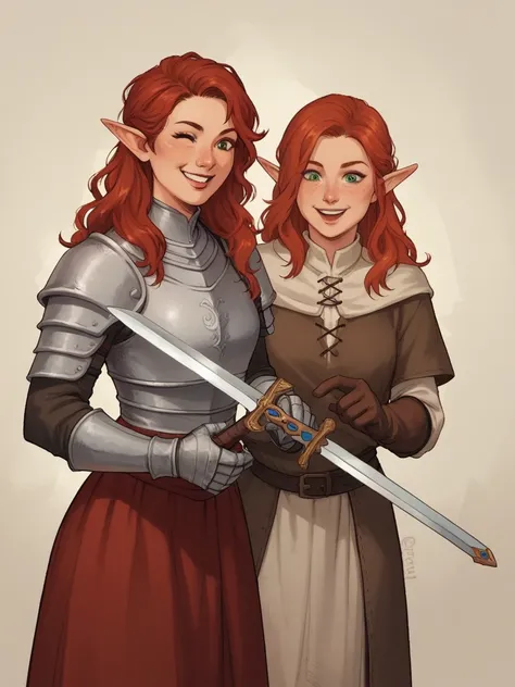 score_9, score_8_up, score_7_up, score_6_up, score_5_up, score_4_up,   wh33z13, female elf longe hair, dressing a medieval armor, large sword, wide smile, happy, red hair, red cloth, 