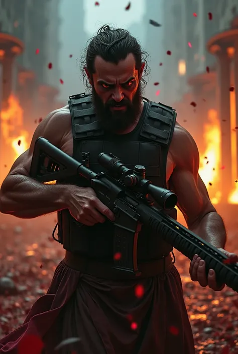 Oedipus with an angry expression, with a sniper and a bulletproof vest in a horror scene with blood splatters on fire, killing.
