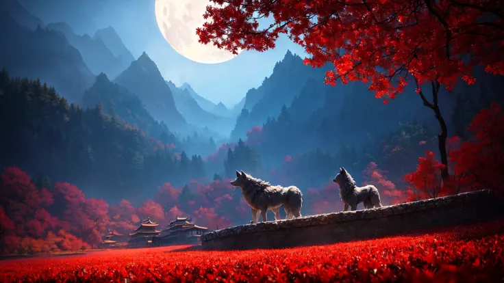 Detailed, serene Chinese village nestled in a lush Red Forest, surrounded by vibrant Red Flower and towering red trees, with a mystical Red Moon shining overhead (Best Quality,4K,8k,High resolution,masterpiece:1.2),非常にDetailed,(Realistic,photoRealistic,pho...