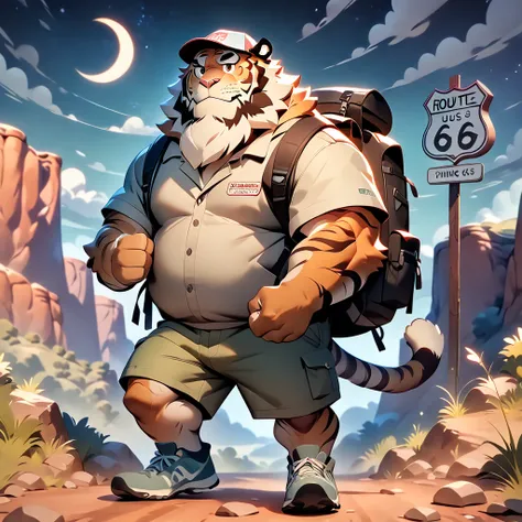 masterpiece, best quality, very aesthetic, absurdres, BREAK noise reduction, BREAK super fine illustration, [face:full body:10], looking away, from above, american country, backpacker, plump middle-aged tiger man, fluffy body, tail, brown eyes, beautiful b...