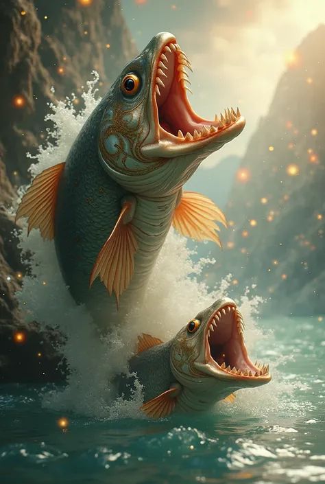 A surreal cosmic scene featuring two colossal, intricately detailed fish, their scales shimmering with metallic hues. They are locked in a dynamic, almost combative posture, their mouths wide open in a silent, eternal roar. The background is filled with co...