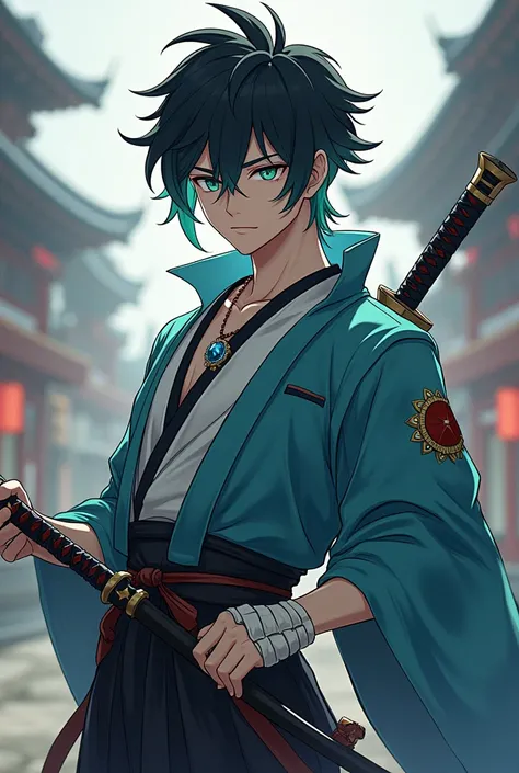 Japanese man. Anime. Handsome. Cute. Beautiful facials feature. Bicolored hair, Green and black. Rond eyes. Left eye is blank, right eye is black. Samuraï holding a katana, practice katana. Genshin impacts outfit blue, white and black. Cocky. Arrogant. Ban...