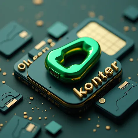 Create a realistic shiny 4D rendering emblem logo, The logo should be The phone is green like WhatsApp , The background is a Cell phone and sim card, and above the logo there must be the words "DENY KONTER" in 4D text style, and Underneath it should be the...