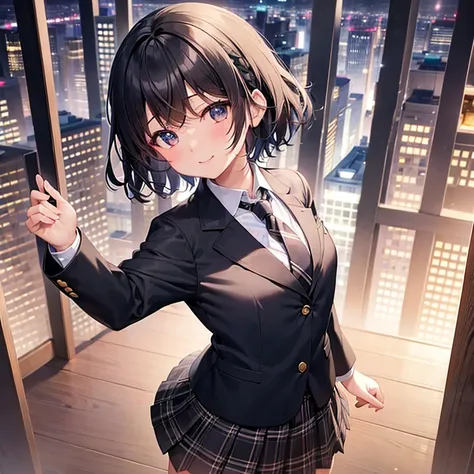 One girl、smile、Short black hair、A small white ribbon on her head、Small breasts、blazer、Normal necktie、black plaid mini skirt、Black Loafers、Standing with a forward lean、Looking up、Place your hands on your chest、(Angle from above)、Background overlooking the n...