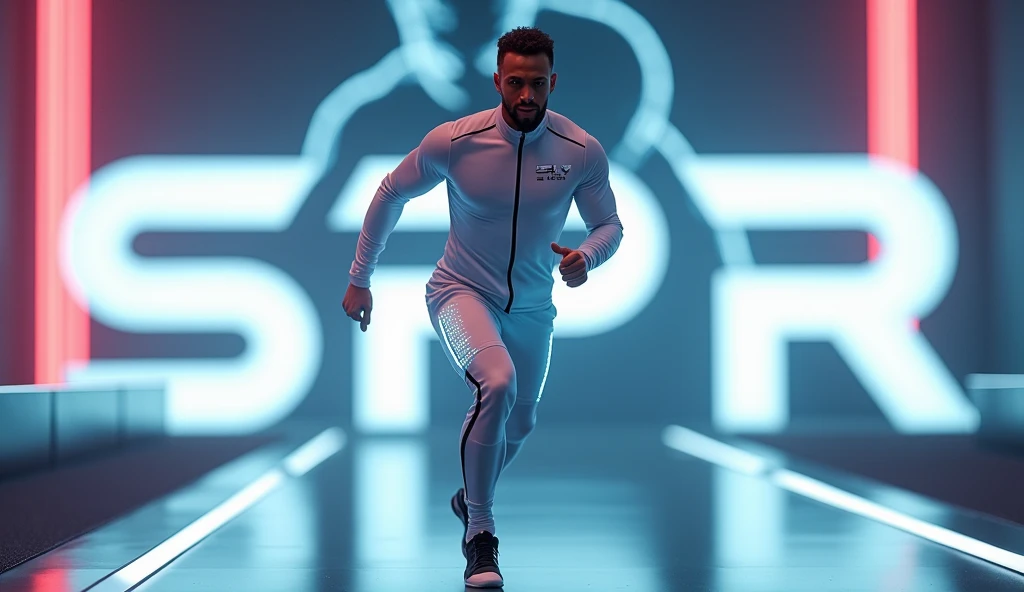 In this image, a man is seen in full view, wearing a modern white sports suit with the SXR logo on the chest, which appears to have LED lights on the sides. He is seen running in a neon-lit area, with the logo on it. "SPR" Large, glowing figure behind him....