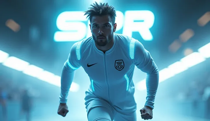 In this image, a man is seen in full view, wearing a modern white sports suit with the SXR logo on the chest, which appears to have LED lights on the sides. He is seen running in a neon-lit area, with the logo on it. "SPR" Large, glowing figure behind him....