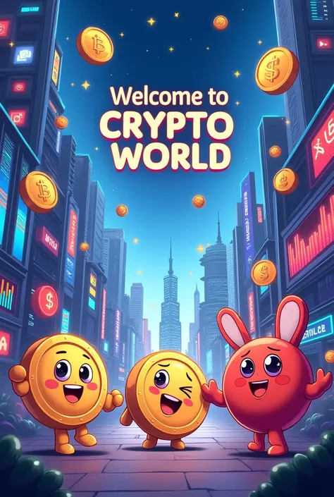 Crypto world  with  crypto coins , crypto  cartoon or anime  not couple (smile face) images and listing crypto coins, trading lines, social media marketing (welcome to crypto world) is writing on the picture 