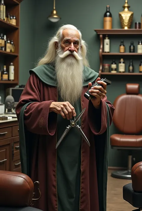 A wizard holding a hair clipper and scissors in a barber shop 

