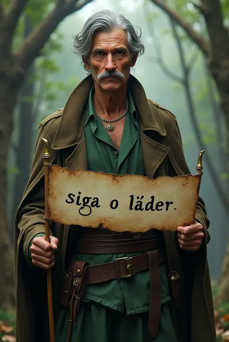 create a scenario with peterpan appearing to be 50 years old, with the hat and gray hair and gray mustache (just a mustache, no beard), holding a banner with both hands saying "follow the leader" in brazilian portuguese language