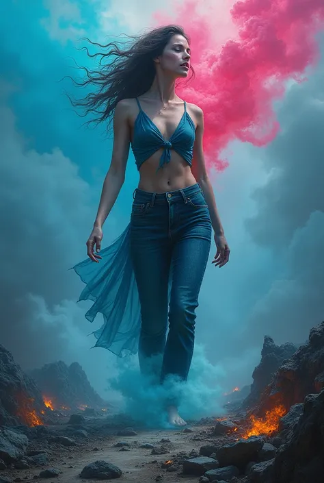 Amid this turmoil, a breathtakingly beautiful transgender woman strives to unveil her true self amidst a spectacular apocalyptic setting. This vivid and emotionally charged scene is depicted in a mesmerizing painting, radiating with vivid hues of cyan and ...