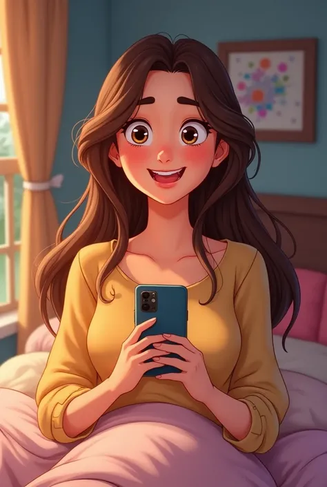 disney drawing of a woman with long hair, brown, very happy looking at the cell phone, with big eyes. She is in her room.