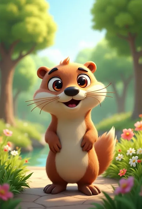 Create a mascot that is a happy smiling animated otter with bright eyes in the park background 