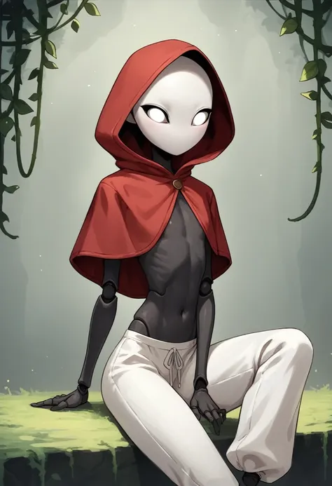 (hollow knight style:0.5), score_9, score_8_up, score_7_up, score_6_up, score_5_up, score_4_up, 1girl, black skin, white eyes, small eyes, doll joints, flat chest, slim body, naked, red capelet, hood, (white harem pants, harem pants:1.2), sitting, vines ar...