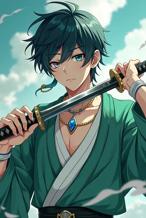 Japanese man. Anime. Handsome. Cute. Beautiful facials feature. Tricolored hair, Green white and black. Rond eyes. Left eye is white, right eye is black. Samuraï holding a katana, practice katana. Genshin impacts outfit green and white with diamond. Cocky....