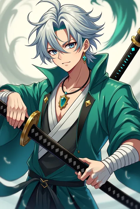 Japanese man. Anime. Handsome. Cute. Beautiful facials feature. Bicolored hair, white and cyan. Rond eyes. Left eye is white, right eye is black. Samuraï holding a katana, practice katana. Genshin impacts outfit green and white with diamond. Cocky. Arrogan...