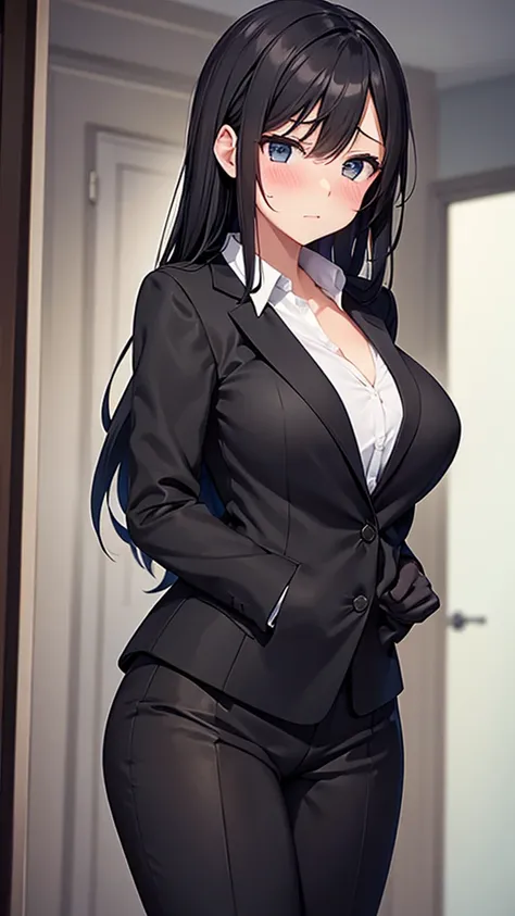 Sexy woman in a black suit　tie　An embarrassed look