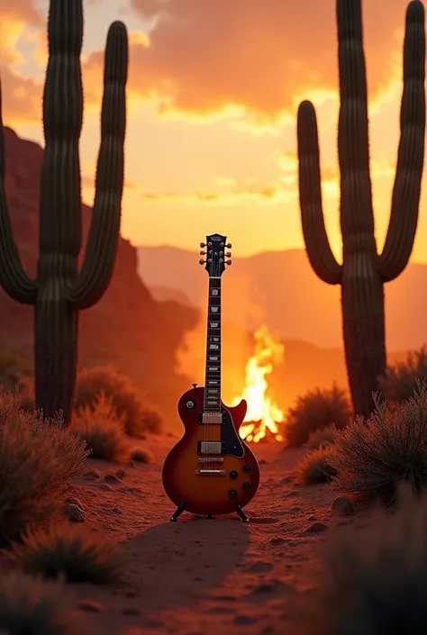 An image of northeastern Brazil with cacti, with orange and brown tones, with a les paul electric guitar, bonfire without people