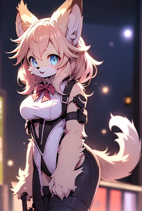 cute, anime, furry, wolf_girl, eyes_pink, hair_short, hair_pink, ears_large, large_breasts, tail_long, hair-bowtie_black, bodysu...