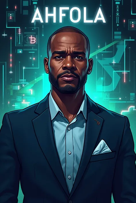 I need a picture of a crypto expert with a crypto background with AHFOLA name 
I need the name AHFOLA to show and the man should be black