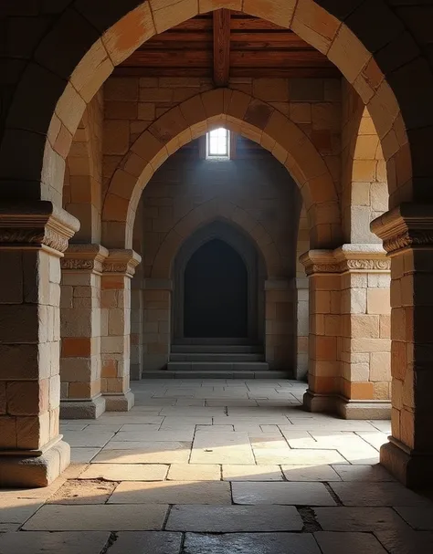 front view of interior templar castle throne room. Open view