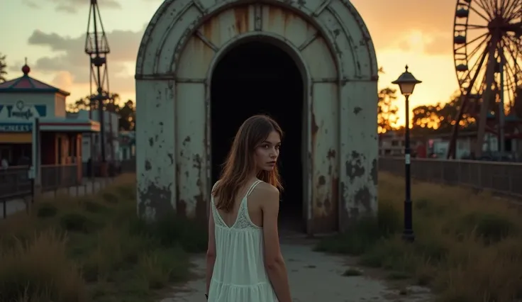 k, ultra-high resolution, highly details  cinematic lighting, ultra detail) Anne, a 2 woman, stands at the entrance of the  Luna Park mirror maze in Sydney. Her white sleeveless dress sways slightly in the wind. The eerie, decaying Luna Park rides are visi...