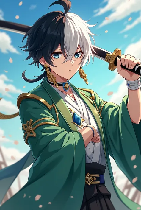 Japanese man. Anime. Handsome. Cute. Beautiful facials feature. Bicolored hair, white and cyan. Black lock . Rond eyes. Left eye is white, right eye is black. Samuraï holding a katana, practice katana. Genshin impacts outfit green and white with diamond. C...