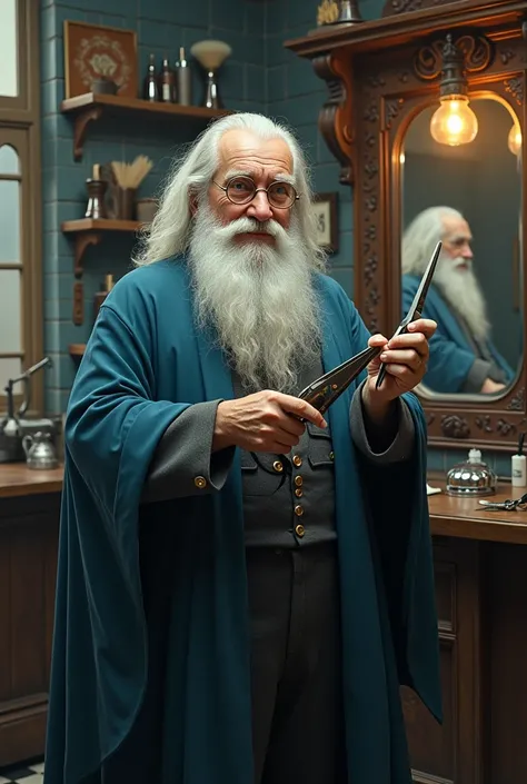 A wizard dumbledore holding a hair clipper and scissors in the barber shop 

