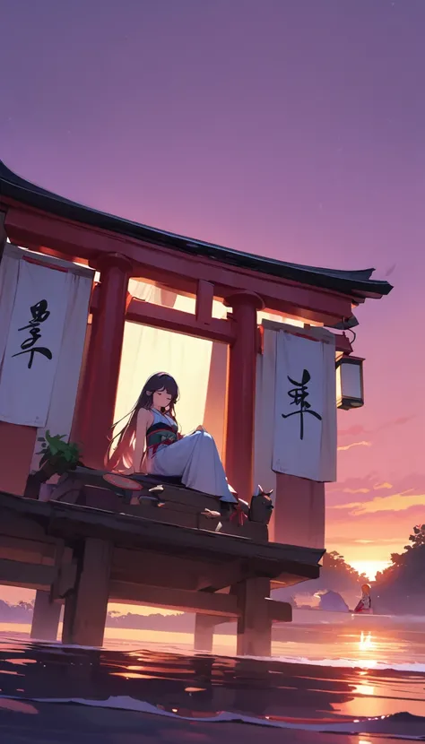 On the beach where you can see the torii gate in the evening、Gentle waves are rolling in。A beautiful Japanese shrine maiden、She was sleeping comfortably in the breeze, her shoulders slightly exposed.。Her figure takes up the entire screen.、The background is...