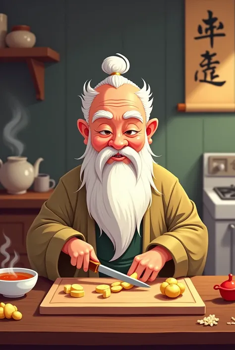 Chinese sage cutting ginger on a board in cartoon style 