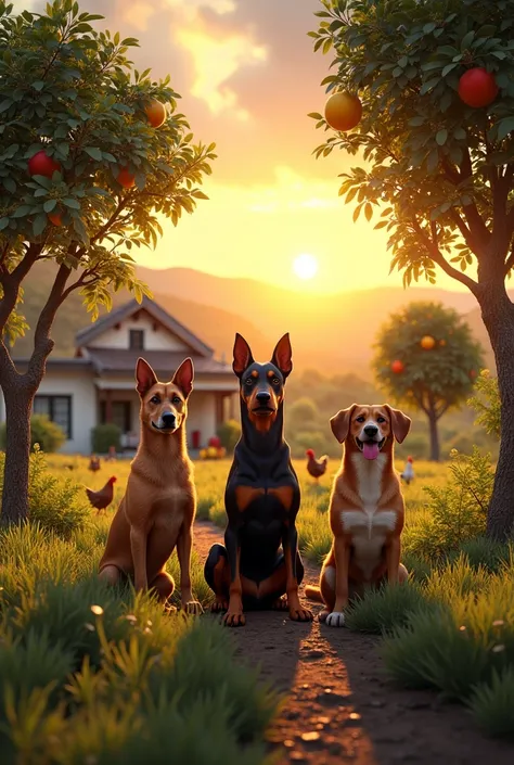 sunset lighting, realistic style, Make a farm with several fruit trees (amoreira, plum tree, lemon tree, cashew tree) also ipes and brazilwood. Between these trees lined up there are three dogs, a doberman a german shepherd and a dachshund, In the backgrou...