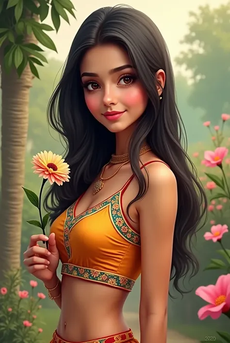 A girl in Punjabi crop top with heals and holding a flower in hand with 