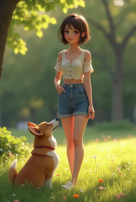 ((photorealism:1.8)), (((masterpiece))),short girl 30 years old brunette, hair almost short haircut, dimple on chin, small breasts, seems to smile, but not too much, stands in park, corgi sits on grass nearby