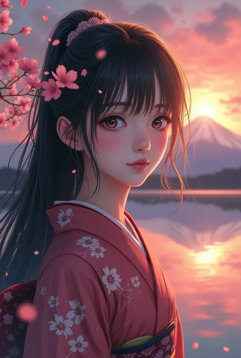 best quality, masterpiece, extremely detailed, detailed background, detailed eyes, anime, 1girl, beautiful eyes, young girl, long hair girl, expressive face, kimono, retro, mount fuji lansdscape, outdoors, sunset, beautiful sky, lake picnic, landscape, sce...