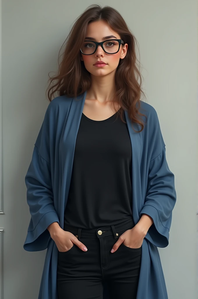 woman with glasses, black t-shirt, blue robe and black pants