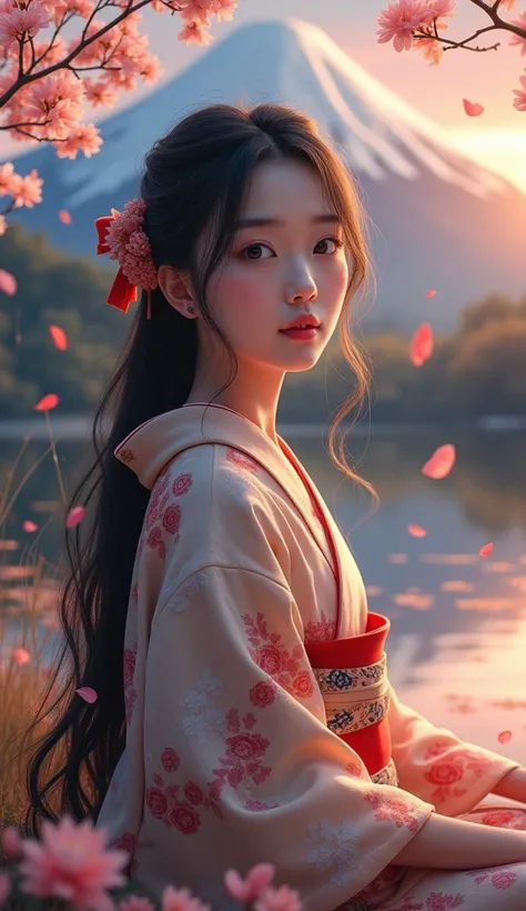 best quality, masterpiece, extremely detailed, detailed background, detailed eyes, 1girl, beautiful eyes, young girl, long hair girl, expressive face, kimono, retro, mount fuji lansdscape, outdoors, sunset, beautiful sky, lake picnic, landscape, scenery, h...