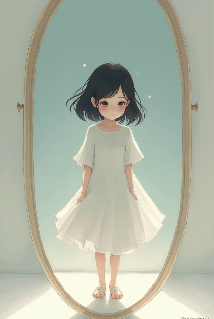 Young girl Mira with short hair with white dress 
Looking at mirror 