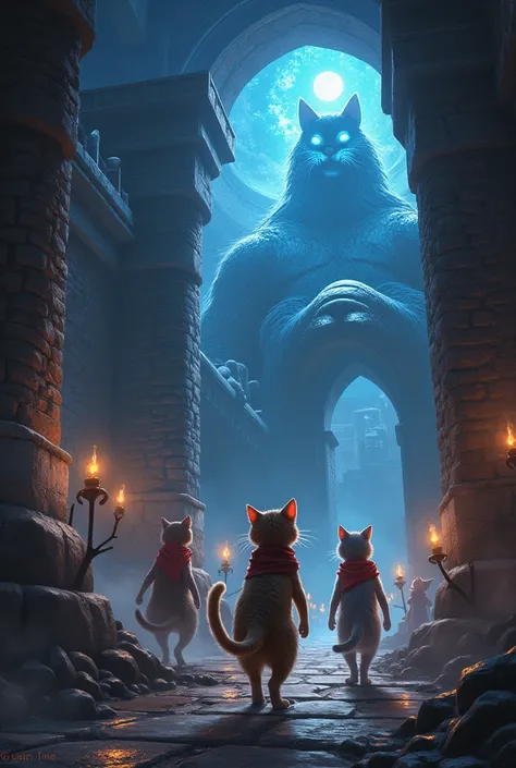 Fellowship (cats) infiltrates Malakais fortress, overcoming treacherous obstacles."

Narration: "The cats infiltrated Malakais stronghold, navigating deadly traps and puzzles. Jaspers wit and Lunas magic proved crucial in their progress."