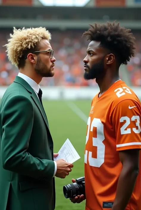 Draw two young men facing each other in a sports center. The man on the right: Serious, low, negro, thin beard, curly hair, orange and white football clothes number 23 and holding a camera in one hand. The man on the left: high, platinum blonde, curly hair...