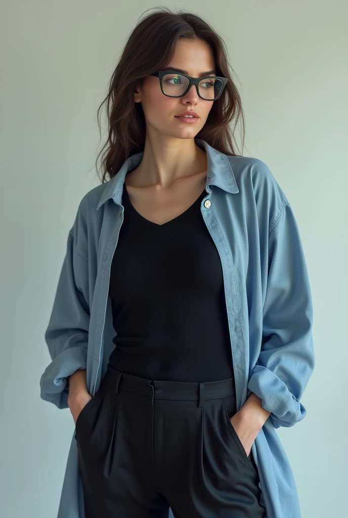 woman with glasses, black t-shirt, light blue robe and black pants