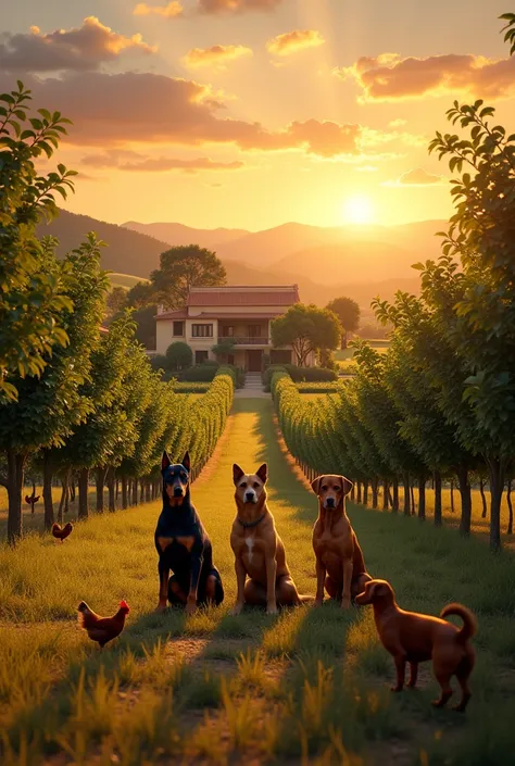 sunset lighting, realistic style, Wide, wide angle of the landscape, Make a farm with several fruit trees (amoreira, plum tree, lemon tree, cashew tree) also ipes and brazilwood. Between these trees lined up there are three dogs, a doberman a german shephe...